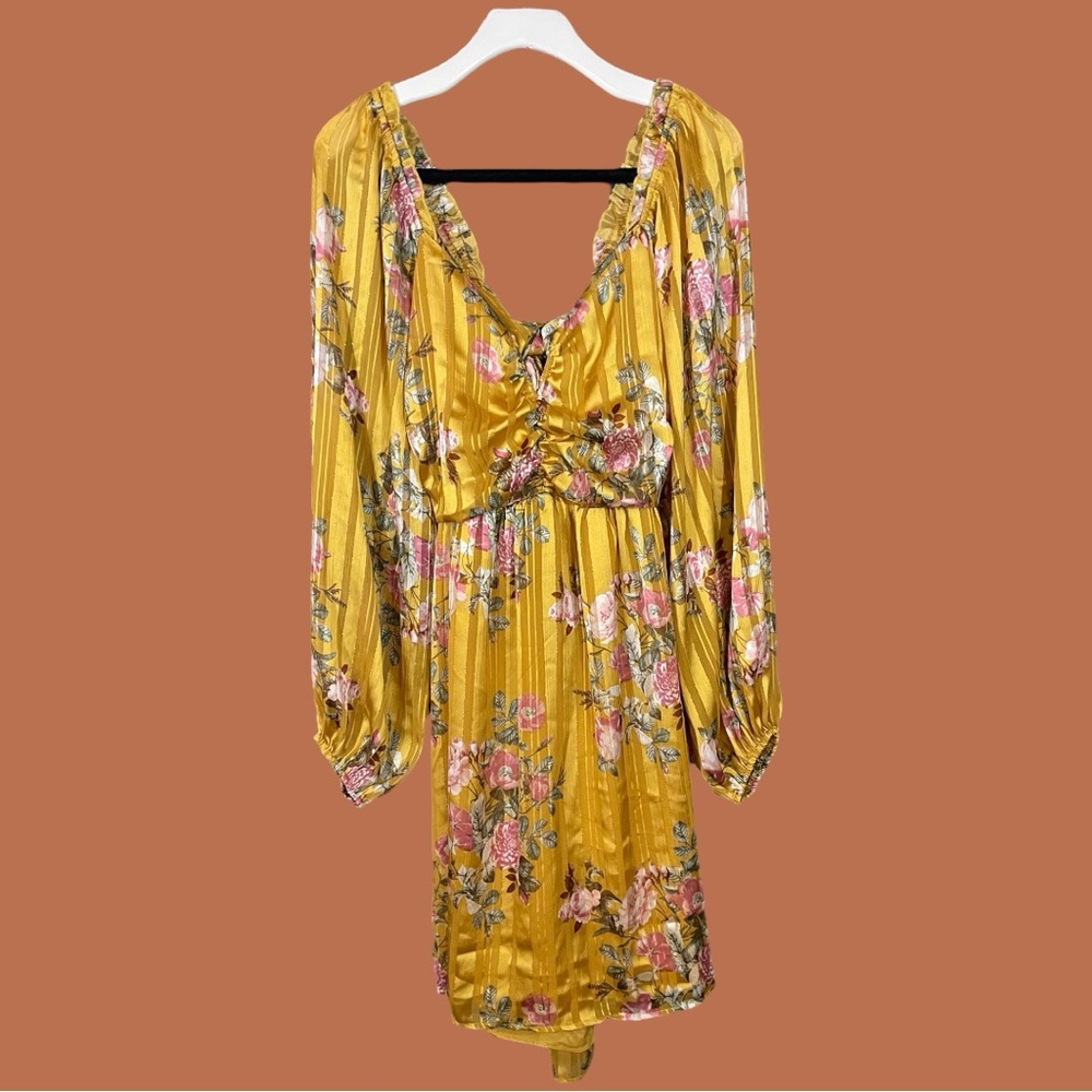 Forever 21 Women’s Mustard Floral Peasant Sleeve Mini Dress